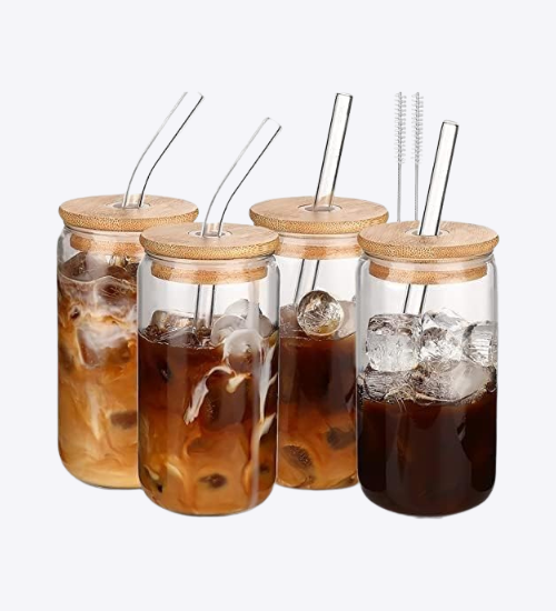 DWTS DANWEITESI Glass Cups with Lids and Straws 4 pcs